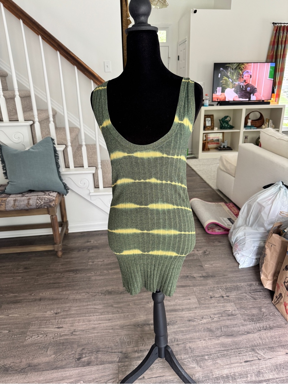 Sandro Olive Green & Yellow Tie-Dye Ribbed Tank